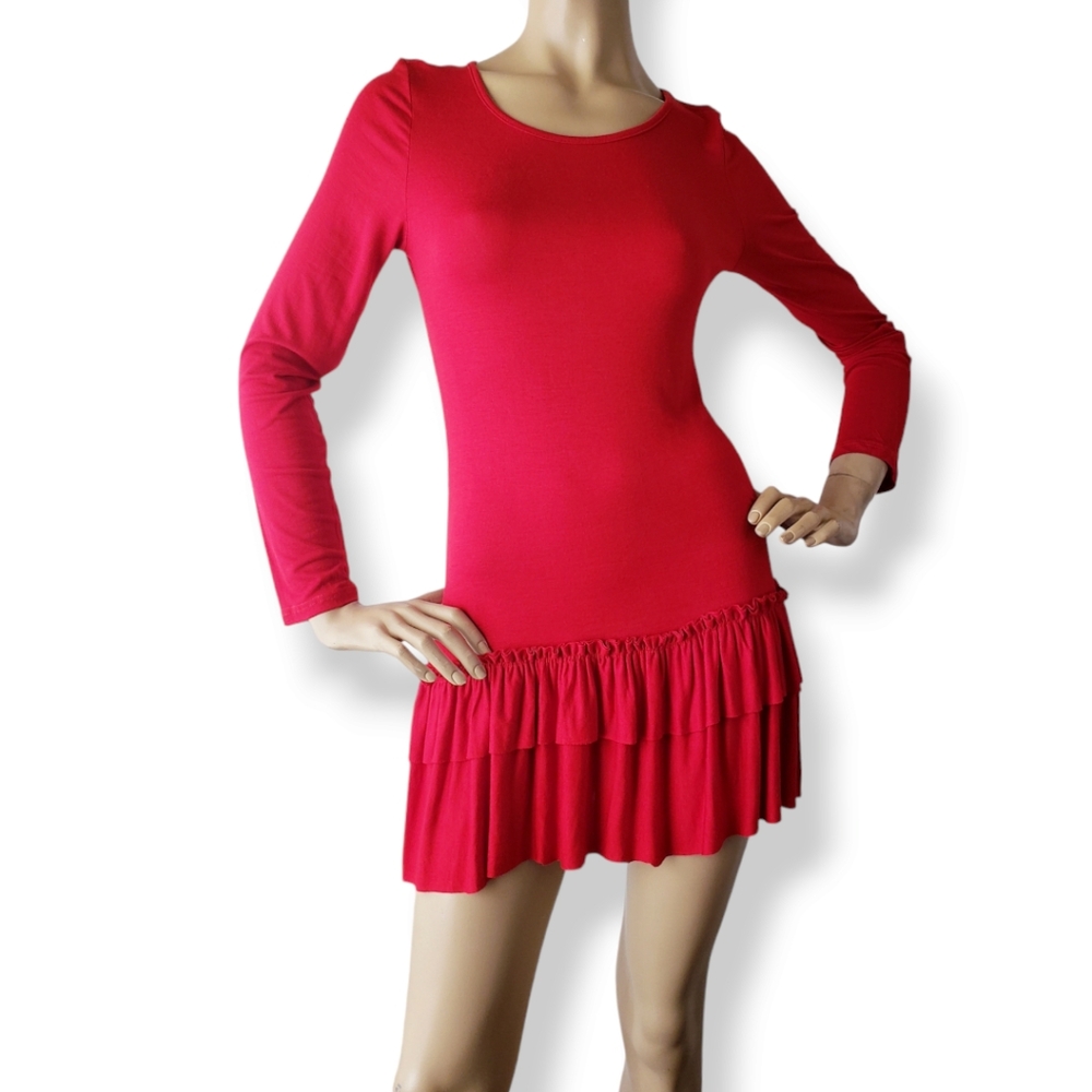 Hi-Beam Red Ruffled Drop Waist Scoop Neck Tunic Dress